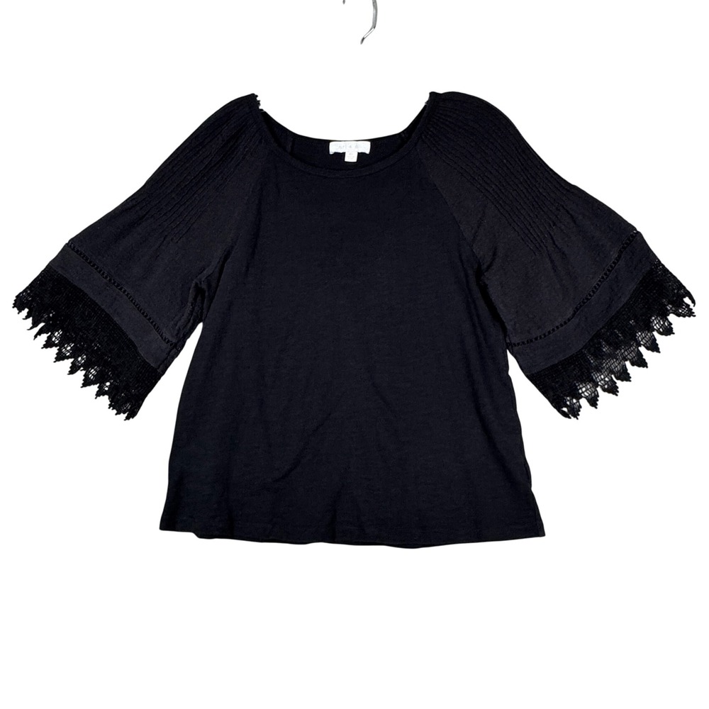 Anthropologie Eri + Ali Shirt Black Bell Sleeve Lace Trim Neutral Minimalist XS